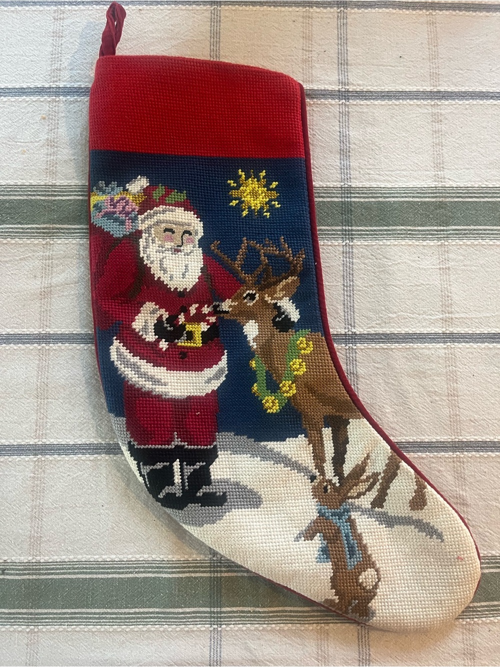 Lands' End Red and Navy Needlepoint Santa & Reindeer Holiday Stocking